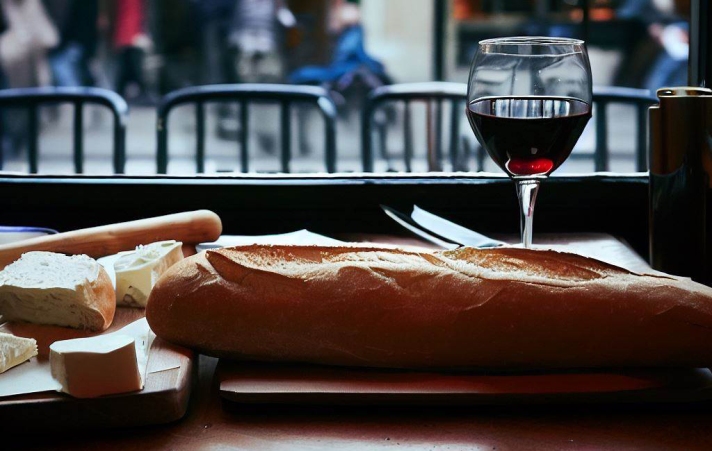 Un pain baguette, un camembert, une coupe de vin rouge